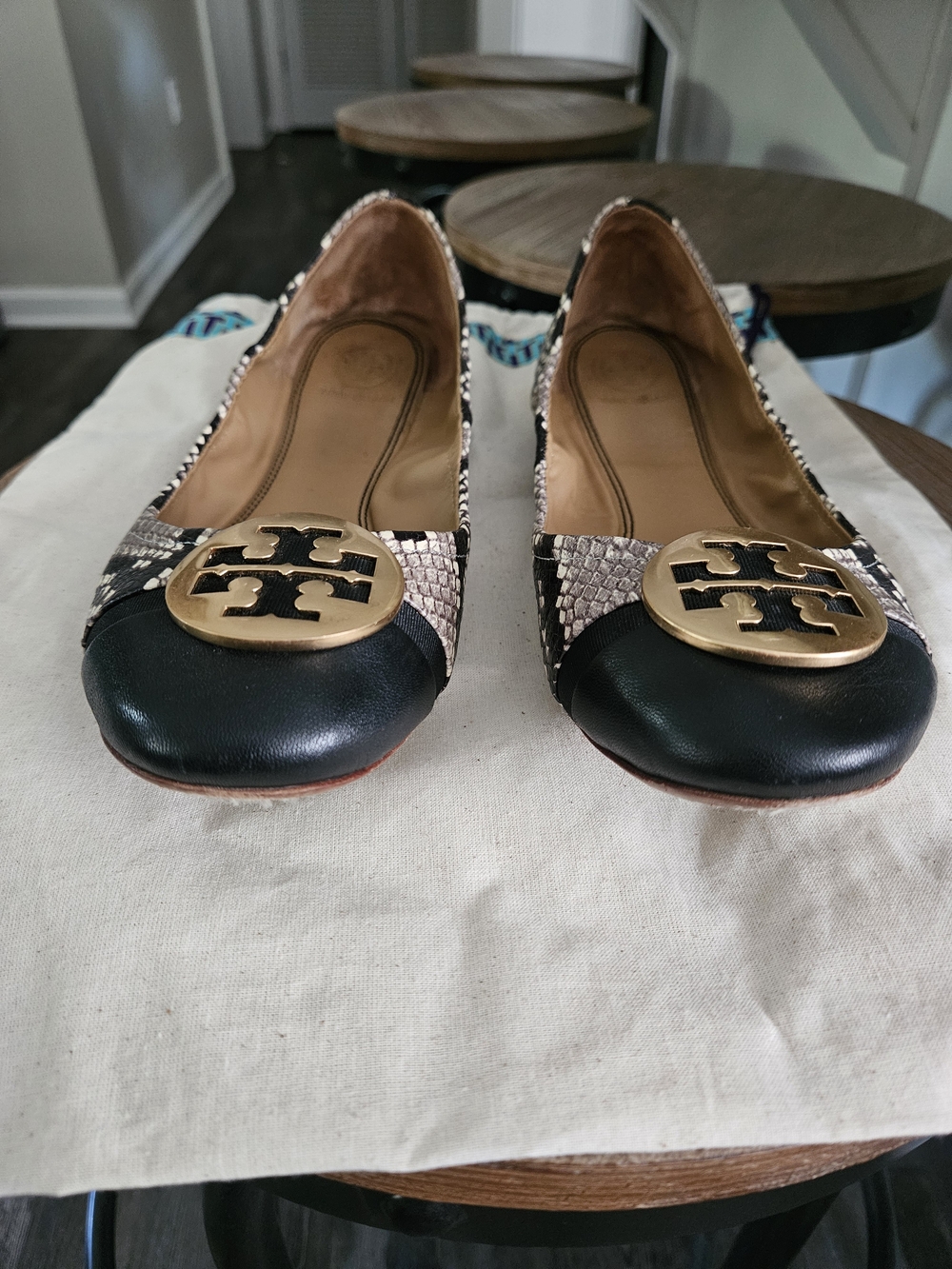 Tory Burch Black & Neutral Logo Cap-Toe Leather Ballet Flats